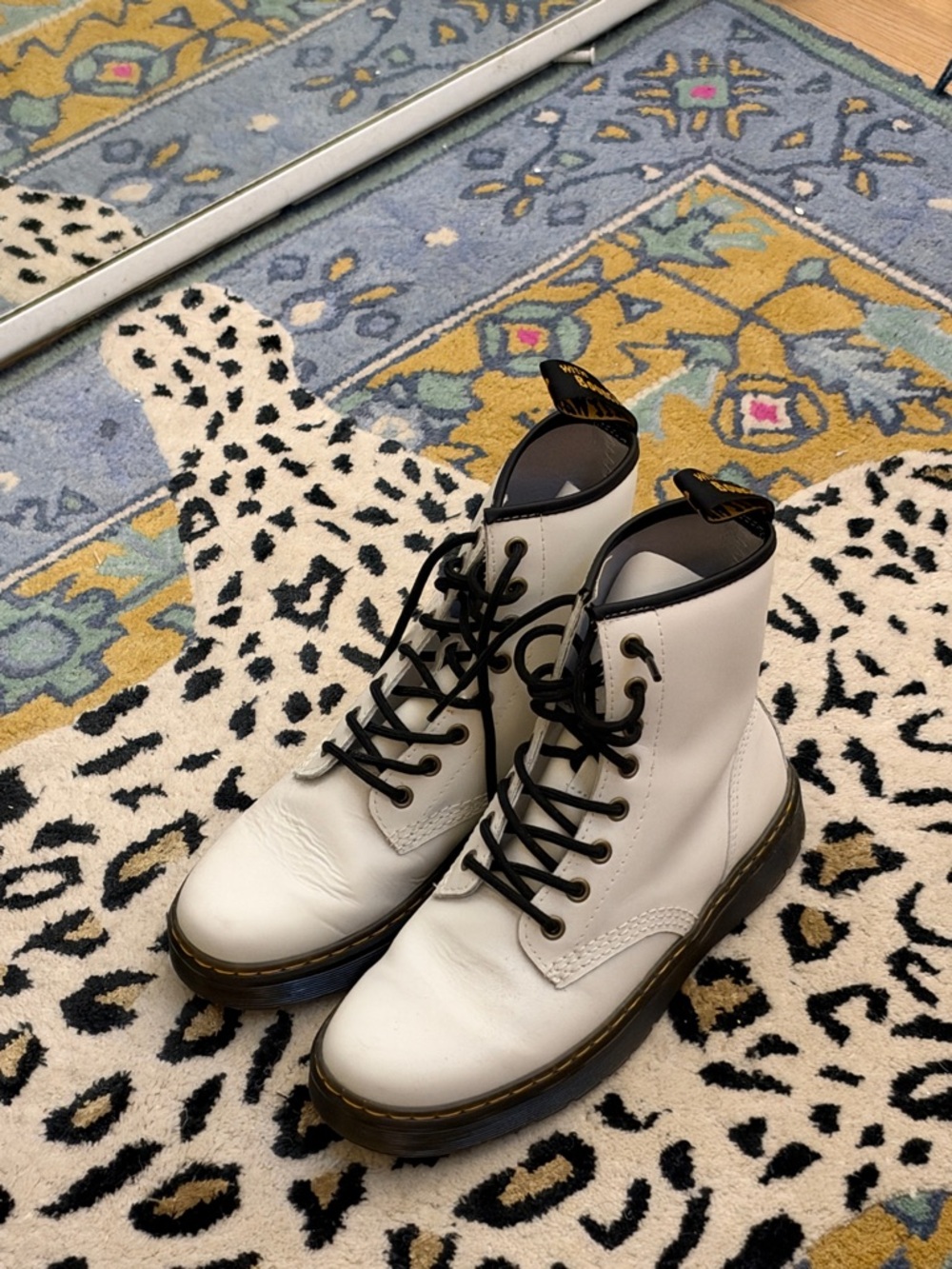 Dr. Martens White Leather Lace-Up Combat Boots with Black Trim